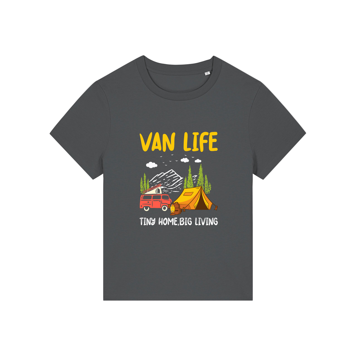grey graphic t-shirt with 'Van Life' graphic design featuring a van and tent 