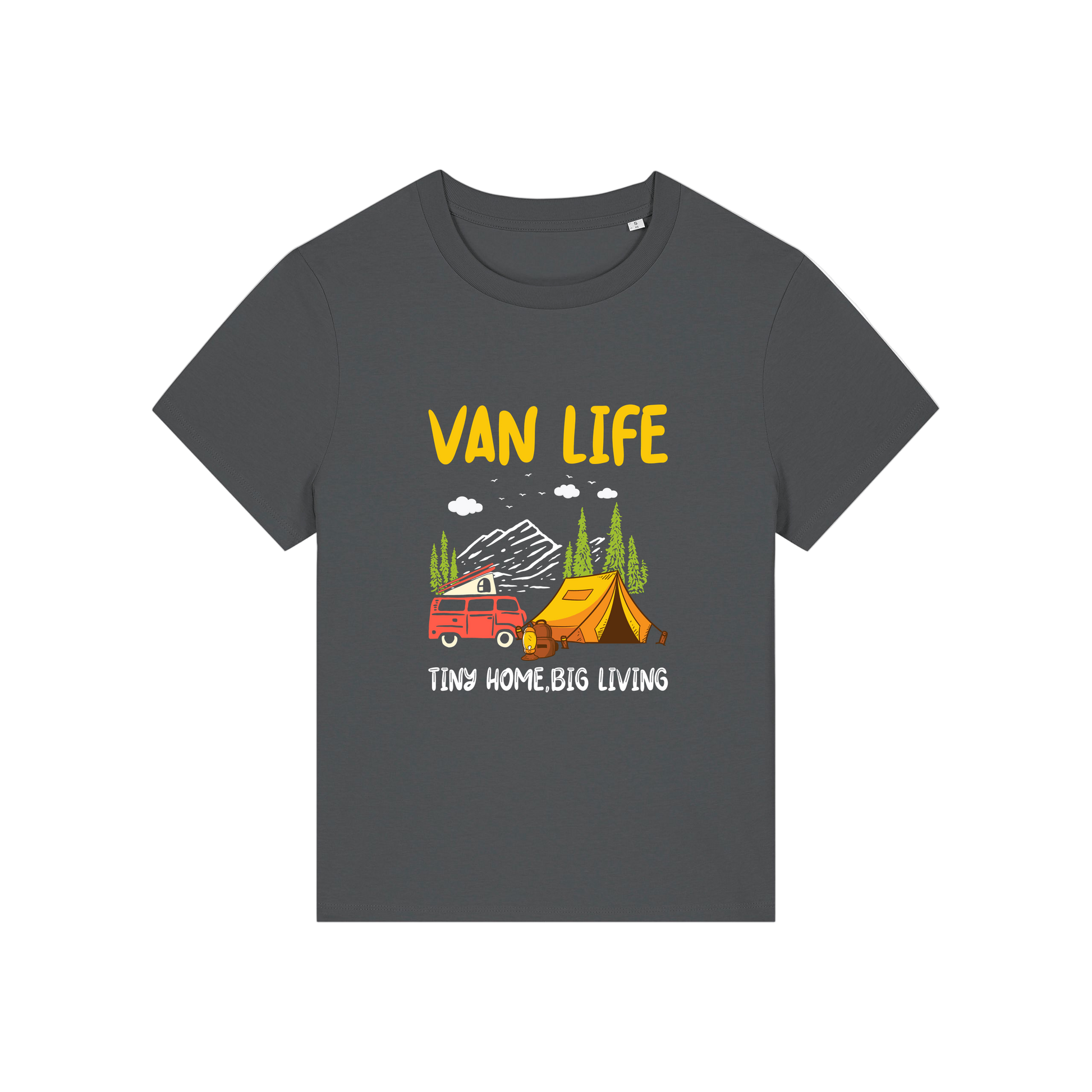 grey graphic t-shirt with 'Van Life' graphic design featuring a van and tent 