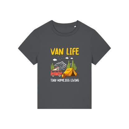 grey graphic t-shirt with 'Van Life' graphic design featuring a van and tent 