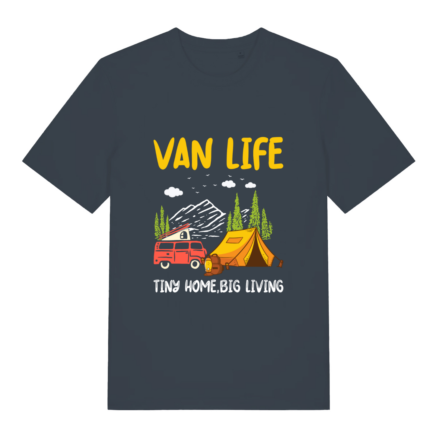 ink grey women's graphic t-shirt with the graphic of a campervan and the slogan 'van life tiny home big living'