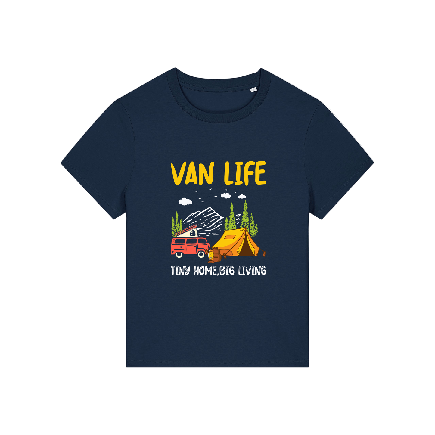 navy graphic t-shirt with 'Van Life' graphic design featuring a van and tent 