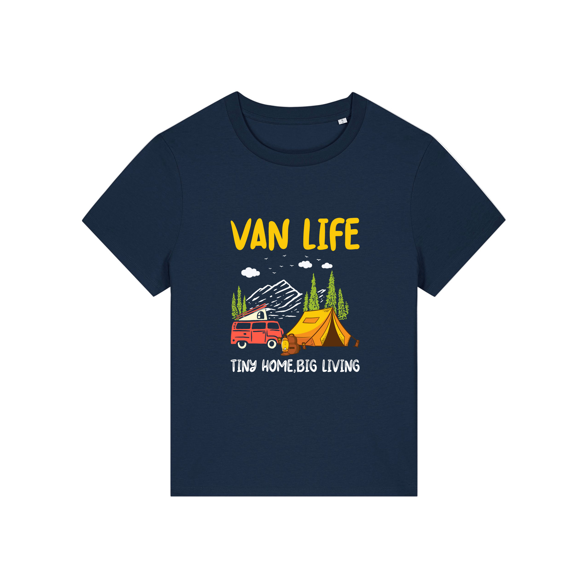 navy graphic t-shirt with 'Van Life' graphic design featuring a van and tent 