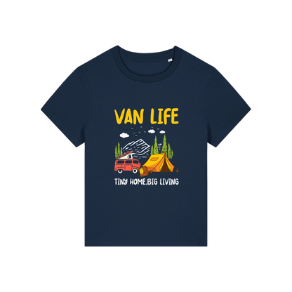 navy graphic t-shirt with 'Van Life' graphic design featuring a van and tent 