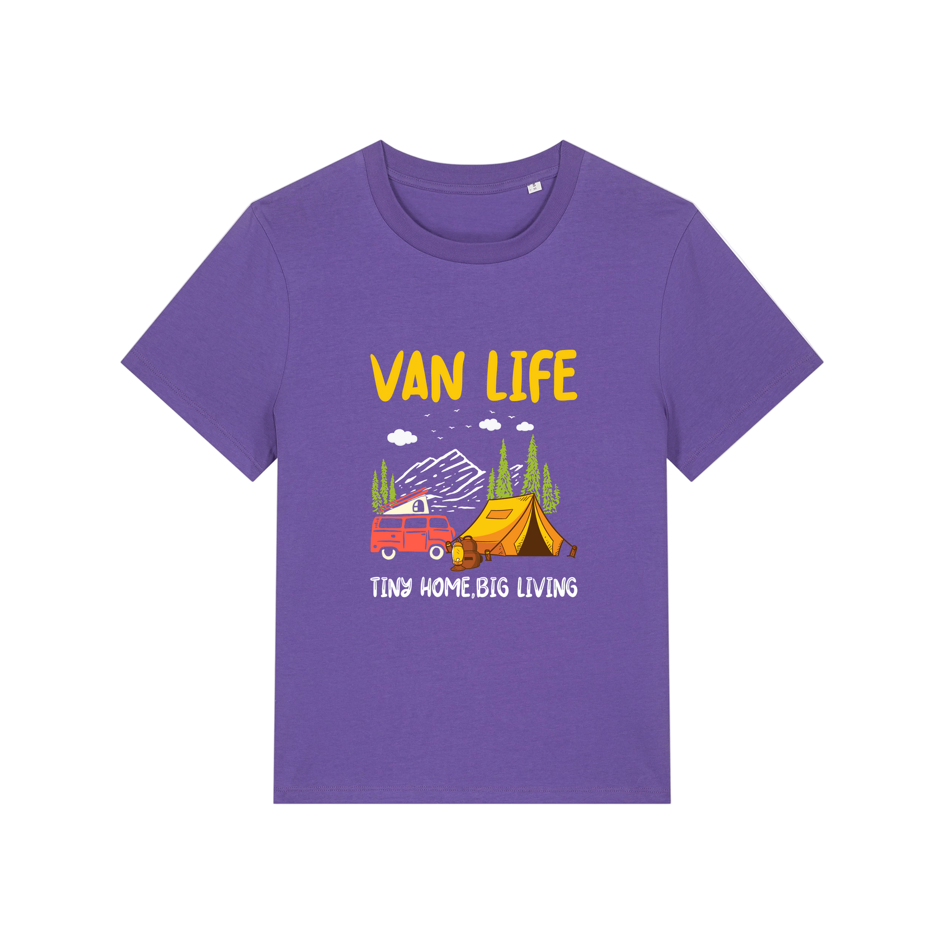purple graphic t-shirt with 'Van Life' graphic design featuring a van and tent 