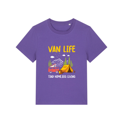 purple graphic t-shirt with 'Van Life' graphic design featuring a van and tent 
