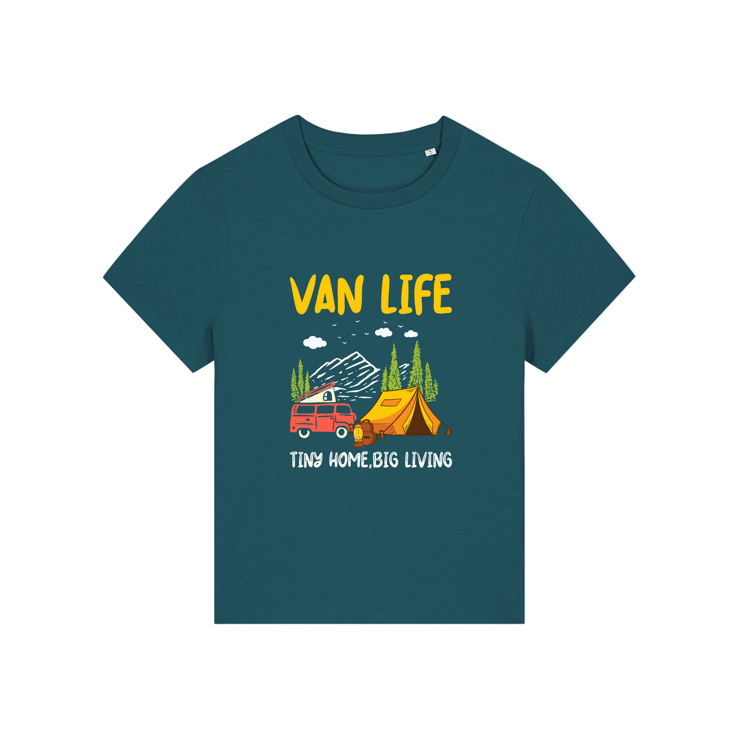 teal graphic t-shirt with 'Van Life' graphic design featuring a van and tent 