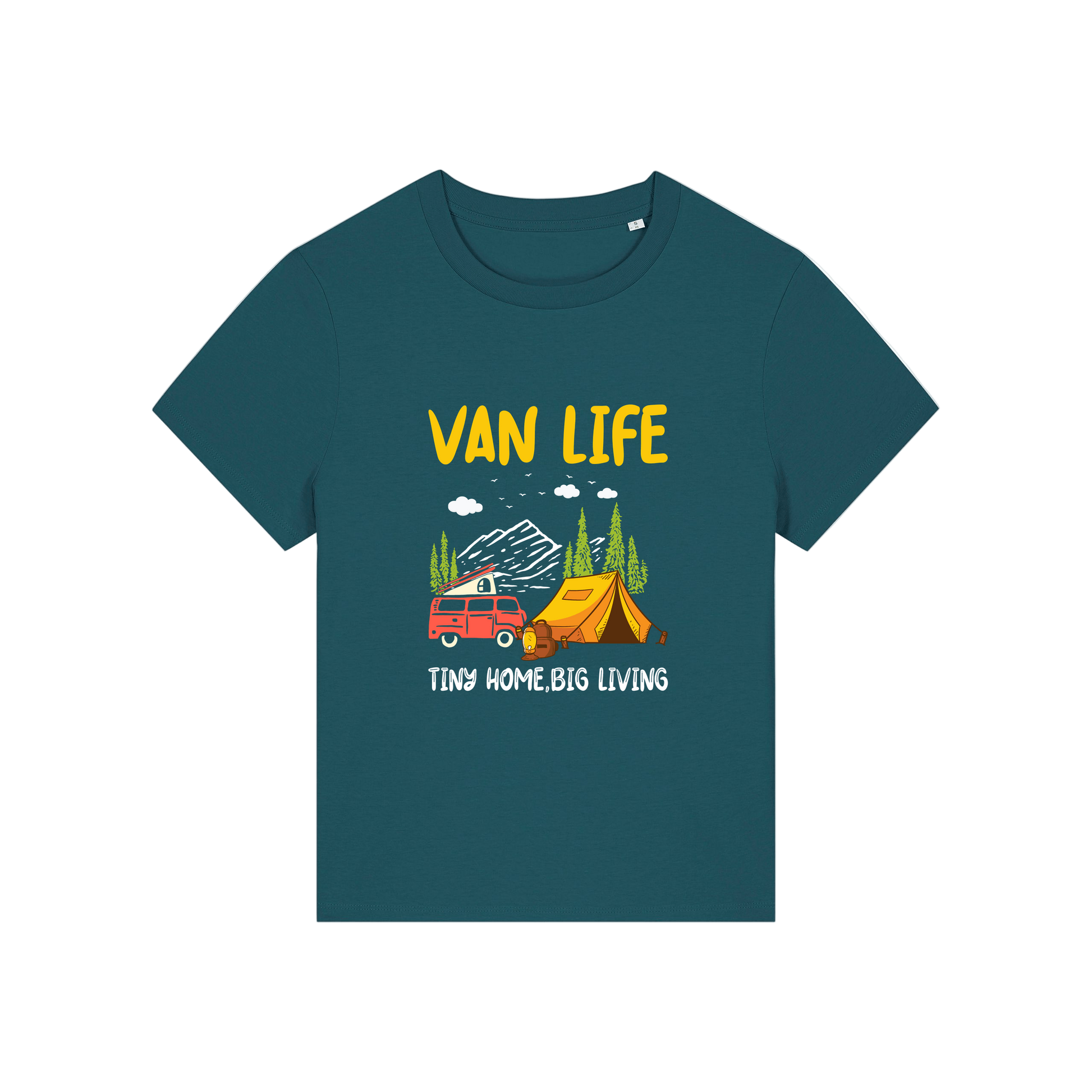teal graphic t-shirt with 'Van Life' graphic design featuring a van and tent 