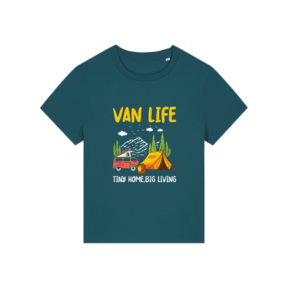 teal graphic t-shirt with 'Van Life' graphic design featuring a van and tent 