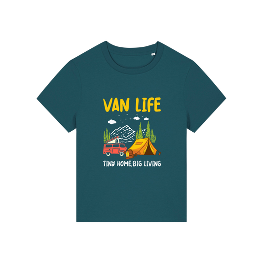 teal graphic t-shirt with 'Van Life' graphic design featuring a van and tent 