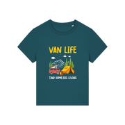 teal graphic t-shirt with 'Van Life' graphic design featuring a van and tent 