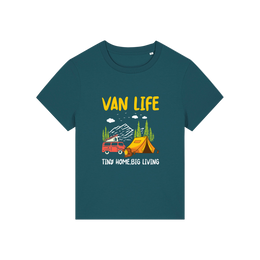 teal graphic t-shirt with 'Van Life' graphic design featuring a van and tent 