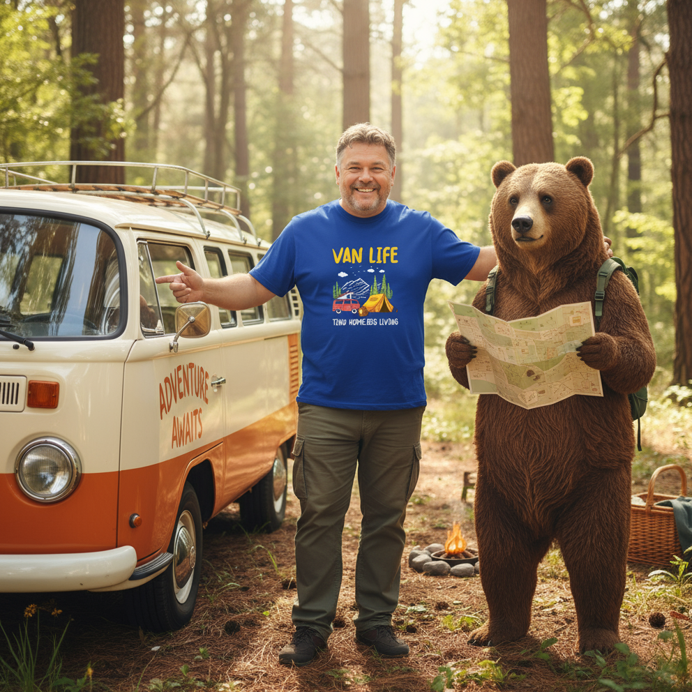 Man in blue 'Van Life' shirt standing with a bear mascot holding a map in a forest with a van and campfire.