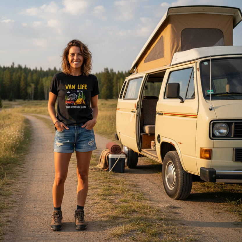 Woman standing next to a vintage van with an open roof in a natural setting.