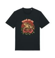 black animal t-shirt with the graphic of a toad sat atop some roses and the slogan 'toad ya so'