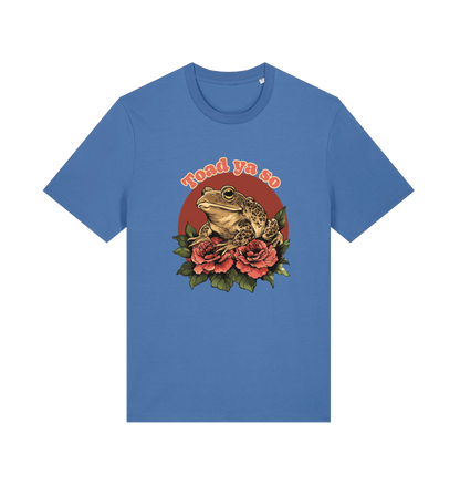 blue animal t-shirt with the graphic of a toad sat atop some roses and the slogan 'toad ya so'