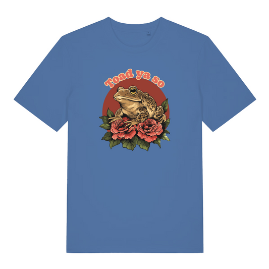 blue funny animal t-shirt with the graphic of a frog and the slogan 'toad ya so'