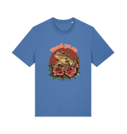 blue animal t-shirt with the graphic of a toad sat atop some roses and the slogan 'toad ya so'