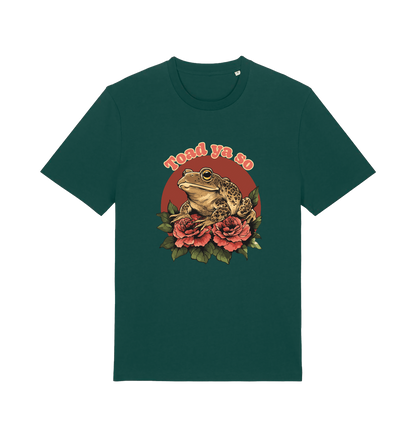 green animal t-shirt with the graphic of a toad sat atop some roses and the slogan 'toad ya so'
