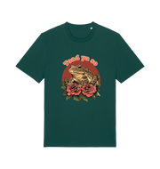 green animal t-shirt with the graphic of a toad sat atop some roses and the slogan 'toad ya so'
