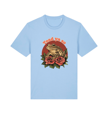light blue animal t-shirt with the graphic of a toad sat atop some roses and the slogan 'toad ya so'