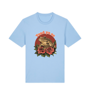 light blue animal t-shirt with the graphic of a toad sat atop some roses and the slogan 'toad ya so'