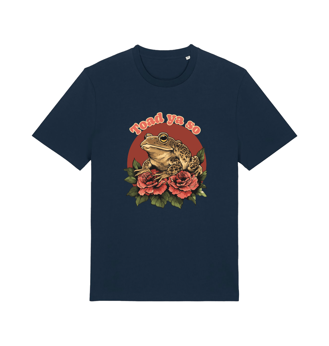 navy animal t-shirt with the graphic of a toad sat atop some roses and the slogan 'toad ya so'