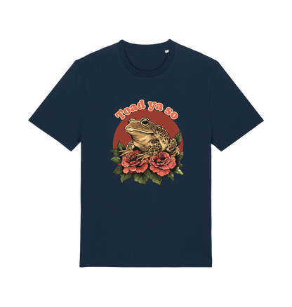 navy animal t-shirt with the graphic of a toad sat atop some roses and the slogan 'toad ya so'