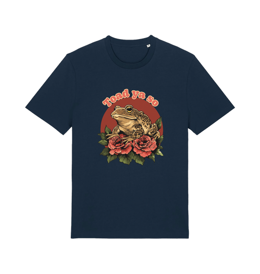 navy animal t-shirt with the graphic of a toad sat atop some roses and the slogan 'toad ya so'