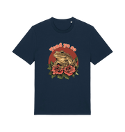 navy animal t-shirt with the graphic of a toad sat atop some roses and the slogan 'toad ya so'
