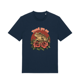 navy animal t-shirt with the graphic of a toad sat atop some roses and the slogan 'toad ya so'