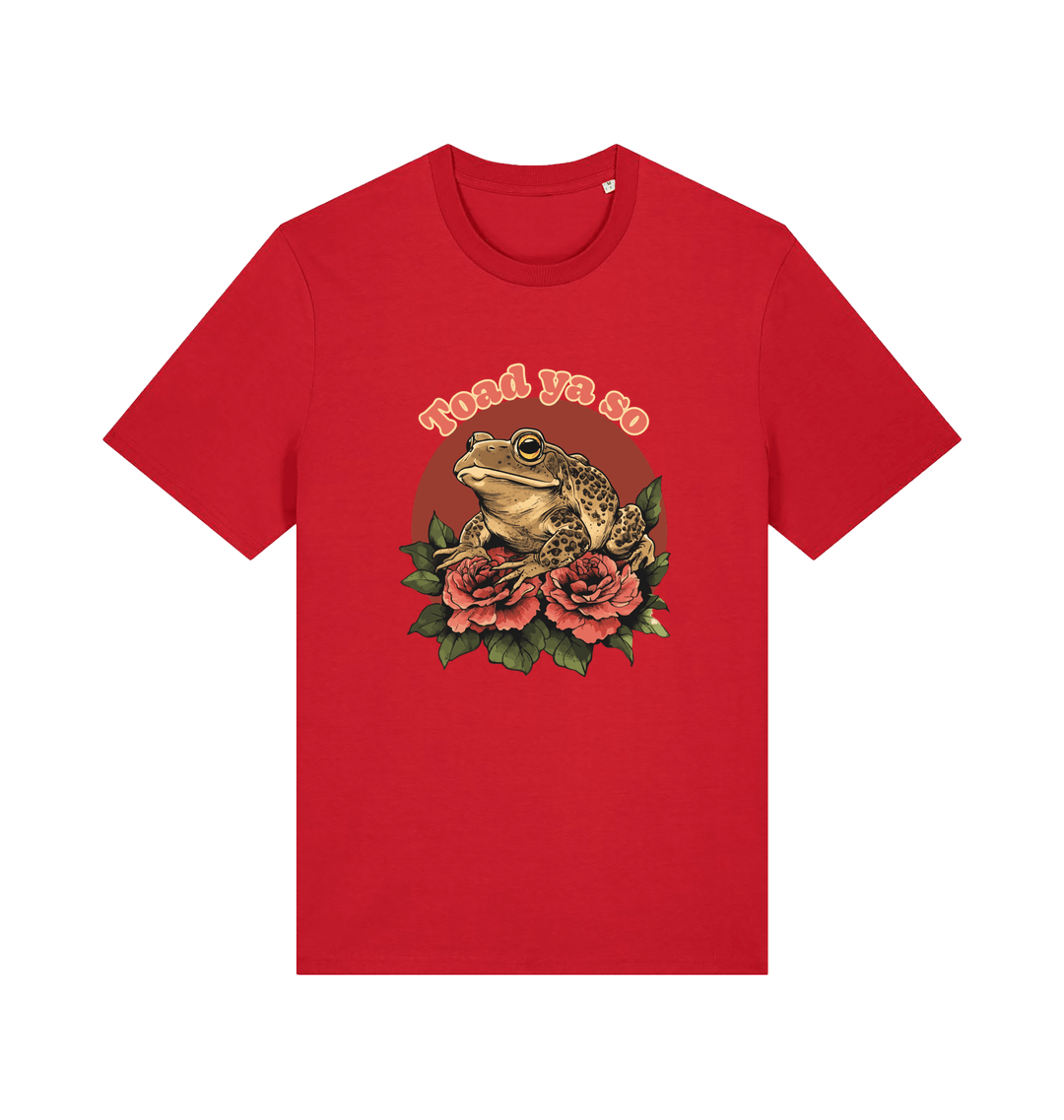 red animal t-shirt with the graphic of a toad sat atop some roses and the slogan 'toad ya so'
