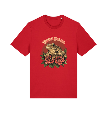 red animal t-shirt with the graphic of a toad sat atop some roses and the slogan 'toad ya so'
