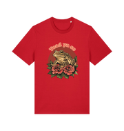 red animal t-shirt with the graphic of a toad sat atop some roses and the slogan 'toad ya so'