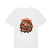 white animal t-shirt with the graphic of a toad sat atop some roses and the slogan 'toad ya so'