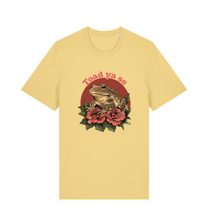 yellow animal t-shirt with the graphic of a toad sat atop some roses and the slogan 'toad ya so'