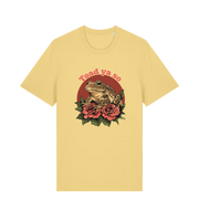 yellow animal t-shirt with the graphic of a toad sat atop some roses and the slogan 'toad ya so'