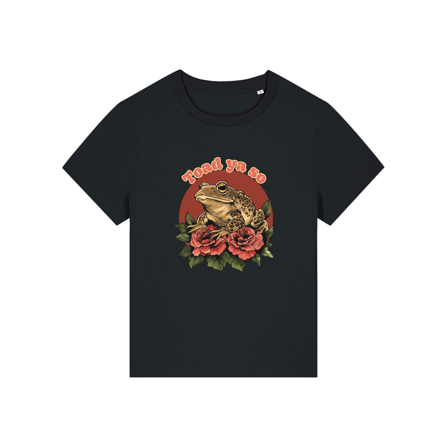 black funny animal t-shirt with the graphic of a toad and the slogan 'toad ya so'