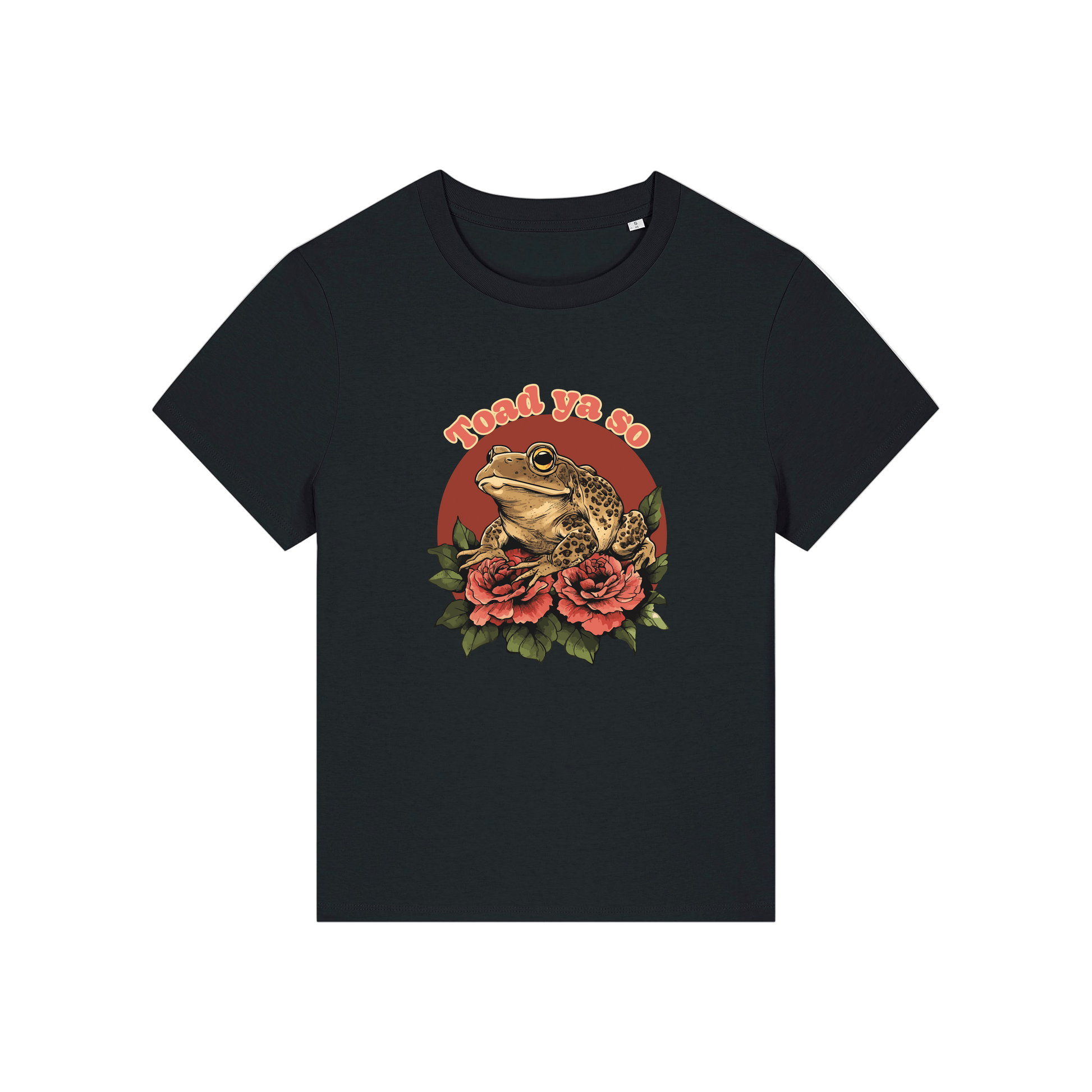 black funny animal t-shirt with the graphic of a toad and the slogan 'toad ya so'