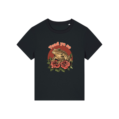 black funny animal t-shirt with the graphic of a toad and the slogan 'toad ya so'