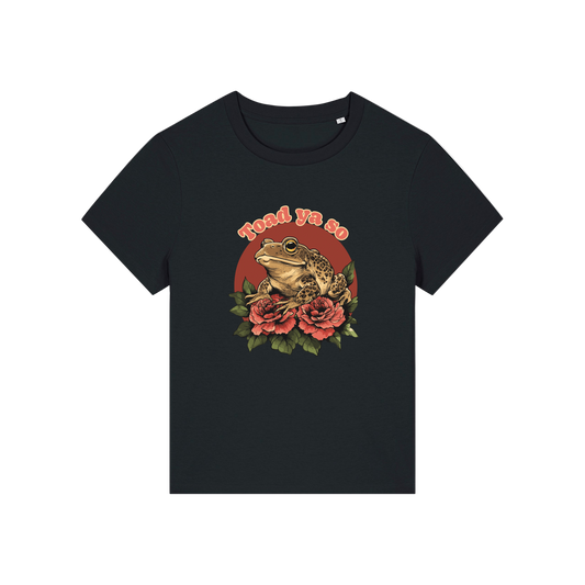 black funny animal t-shirt with the graphic of a toad and the slogan 'toad ya so'