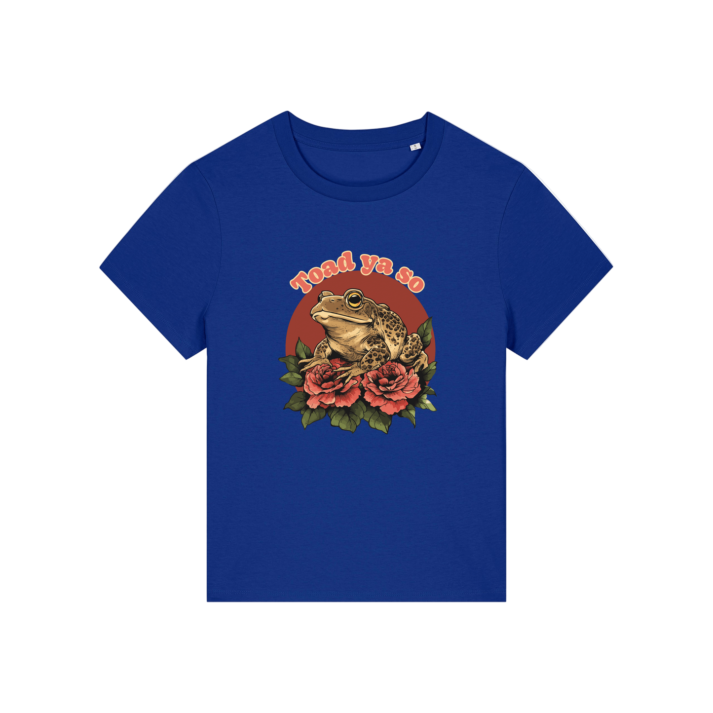 blue funny animal t-shirt with the graphic of a toad and the slogan 'toad ya so'