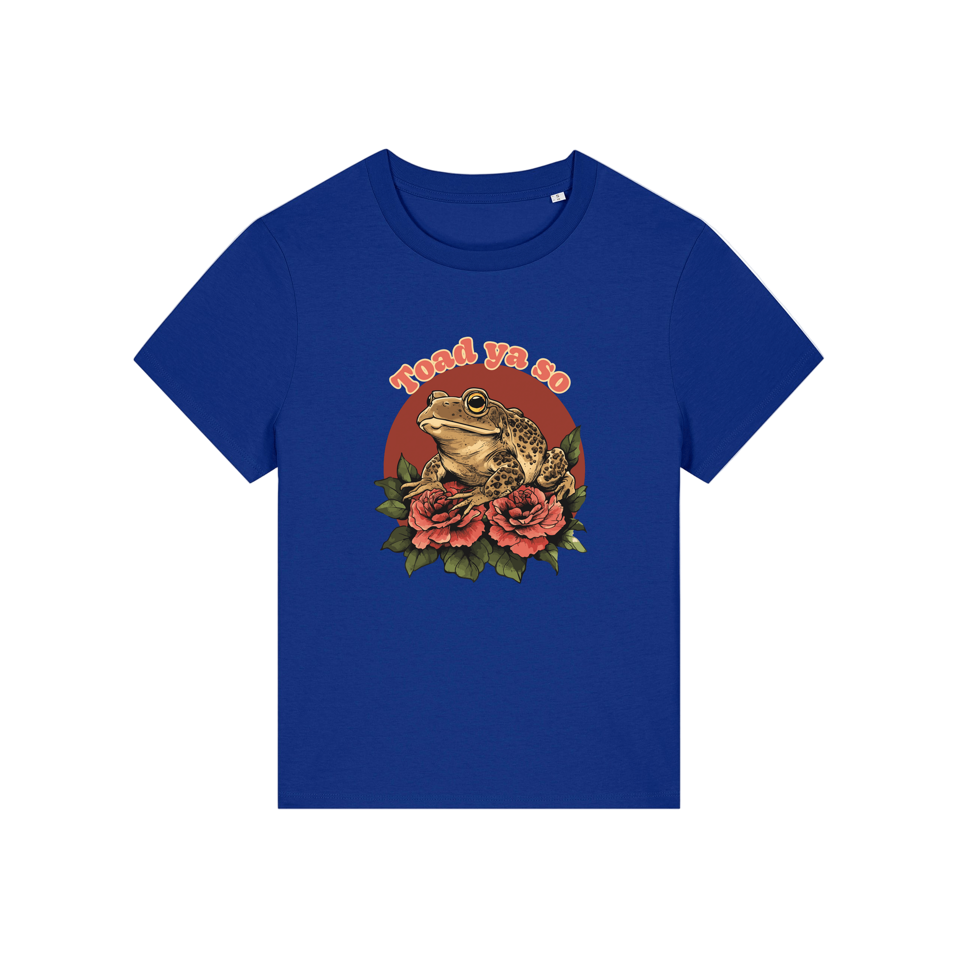 blue funny animal t-shirt with the graphic of a toad and the slogan 'toad ya so'