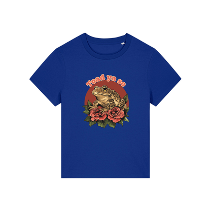 blue funny animal t-shirt with the graphic of a toad and the slogan 'toad ya so'