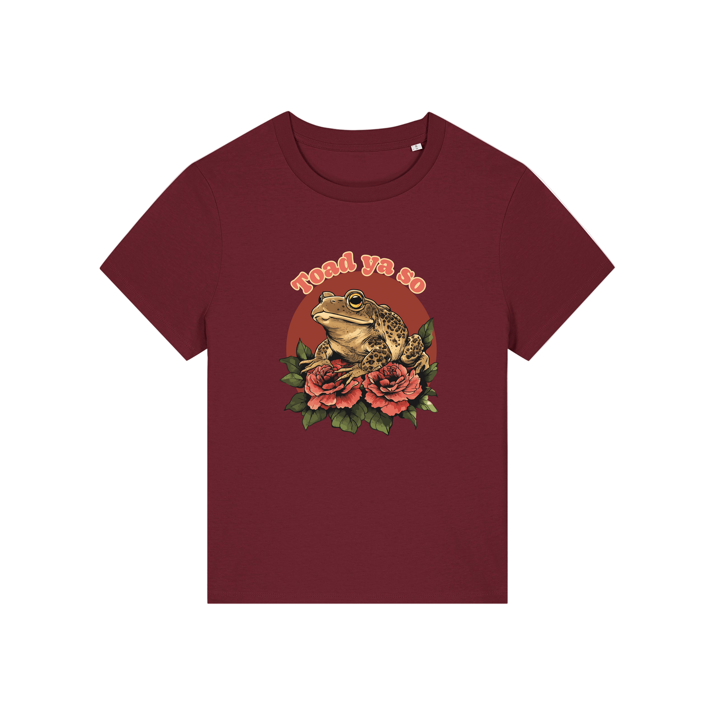 burgundy funny animal t-shirt with the graphic of a toad and the slogan 'toad ya so'