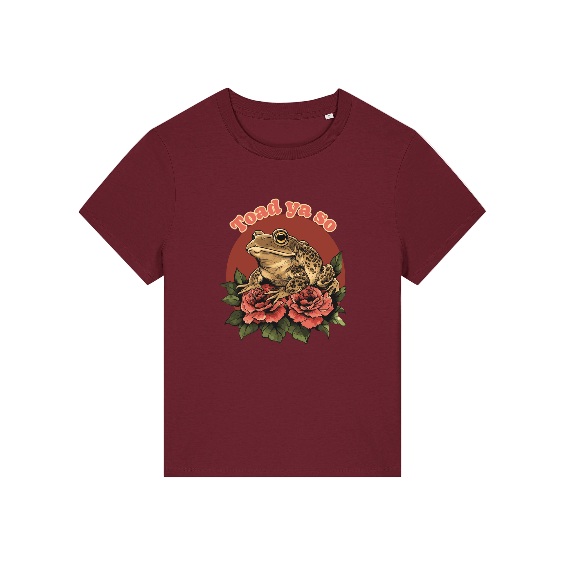 burgundy funny animal t-shirt with the graphic of a toad and the slogan 'toad ya so'