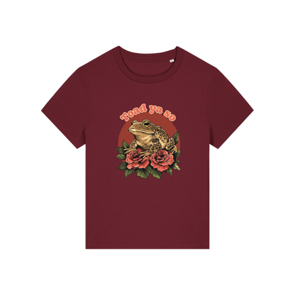 burgundy funny animal t-shirt with the graphic of a toad and the slogan 'toad ya so'