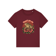 burgundy funny animal t-shirt with the graphic of a toad and the slogan 'toad ya so'