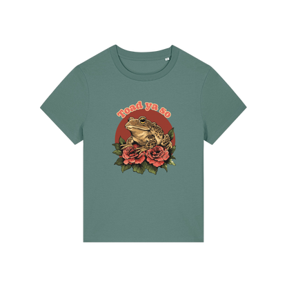green funny animal t-shirt with the graphic of a toad and the slogan 'toad ya so'