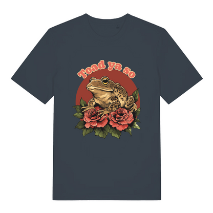 ink grey women's funny animal t-shirt with the graphic of a toad and the slogan 'toad ya so'