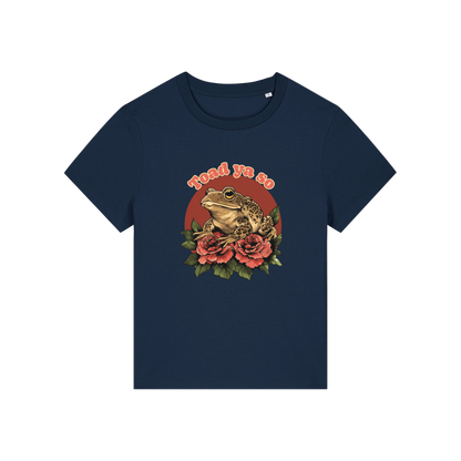 navy funny animal t-shirt with the graphic of a toad and the slogan 'toad ya so'